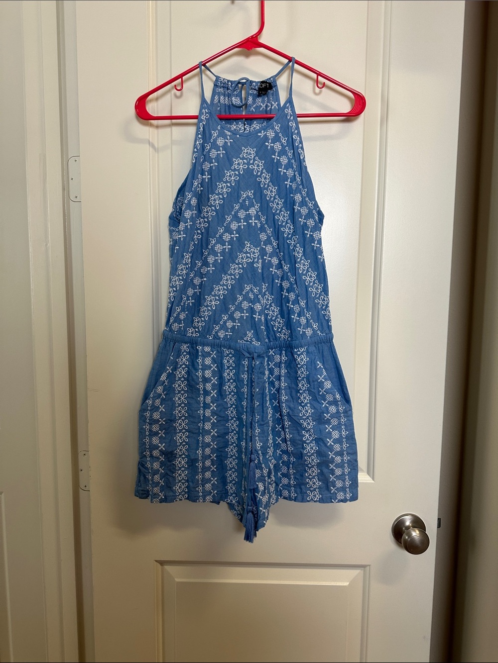 LOFT Blue Sleeveless Embroidered Halter Romper